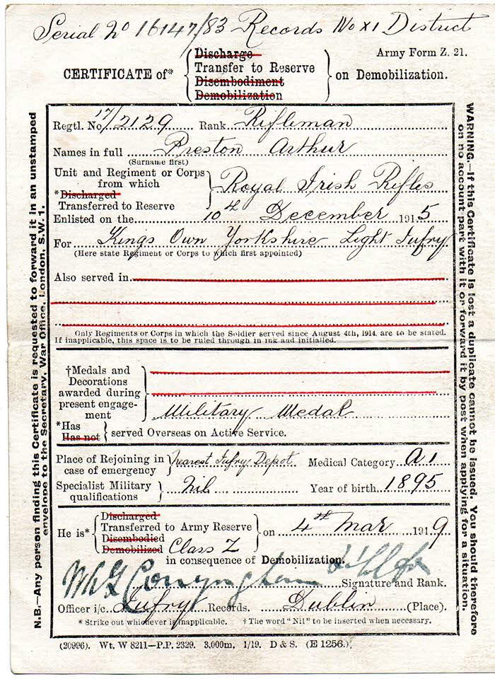 Transfer to Reserve Arthur Preston